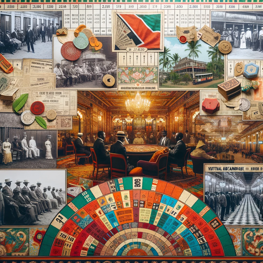 Collage showing the evolution of gambling in Mozambique from early 20th century to the present.
