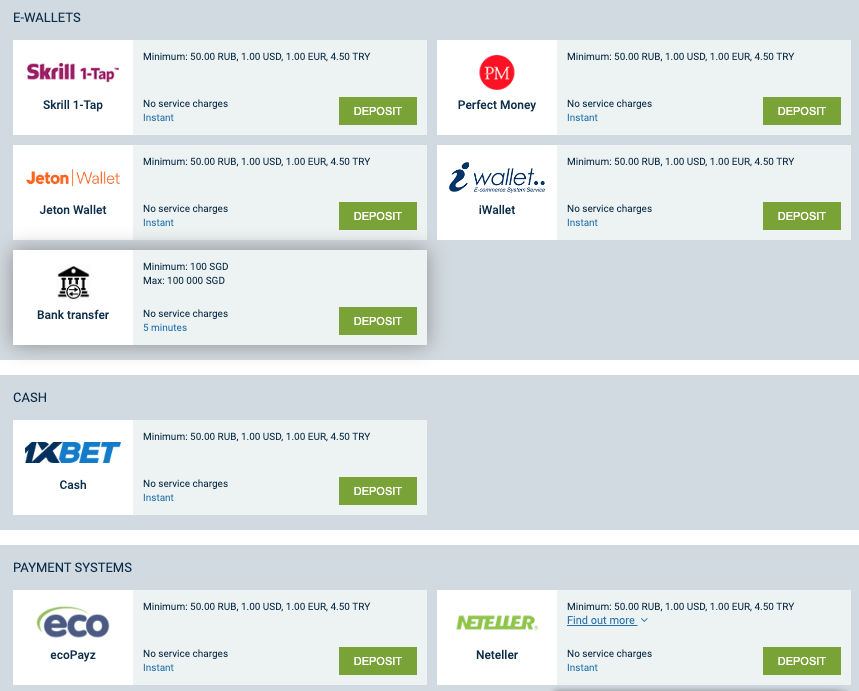 1xBet Métodos de PAGO