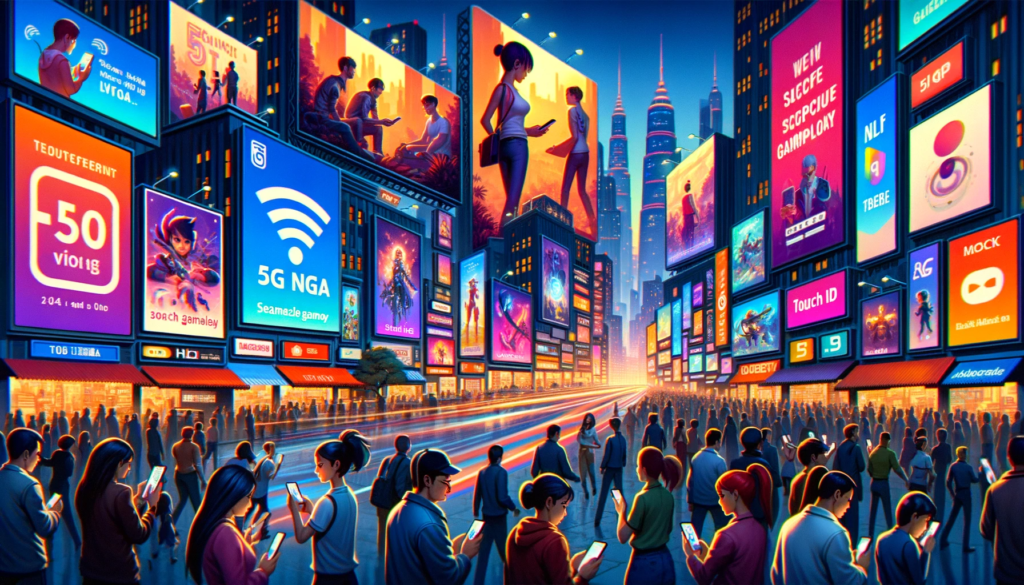 "Modern smartphone displaying 3D mobile game with 5G technology in a user's hand, surrounded by blurred figures engaged in mobile gaming.