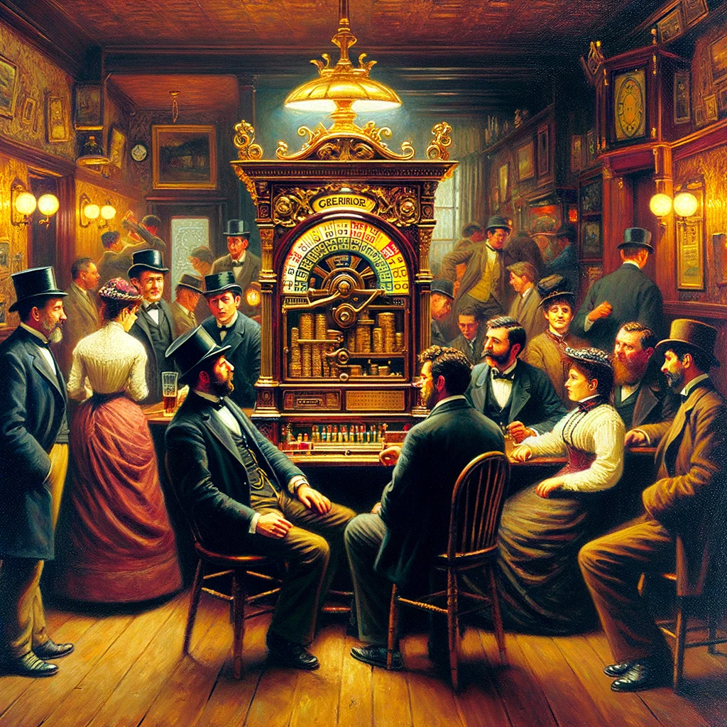 Explore the Evolution of Pokie Machines: From Classic Casino Staples to Online Gaming Oil painting of an animated 1890s gambling scene in a pub featuring a Sittman and Pitt poker machine.