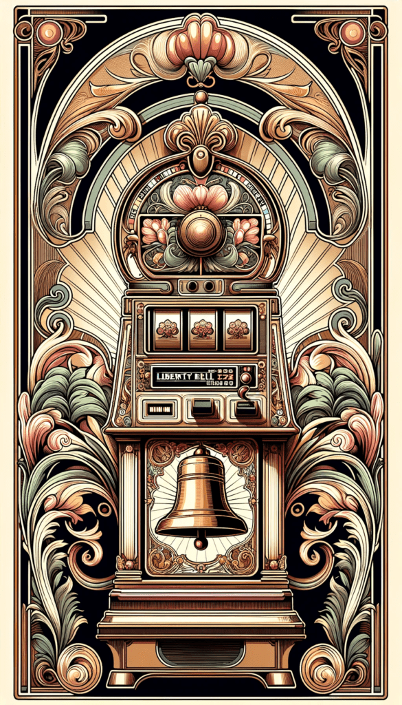 Art Nouveau poster of Charles Fey's Liberty Bell pokie machine with floral designs.