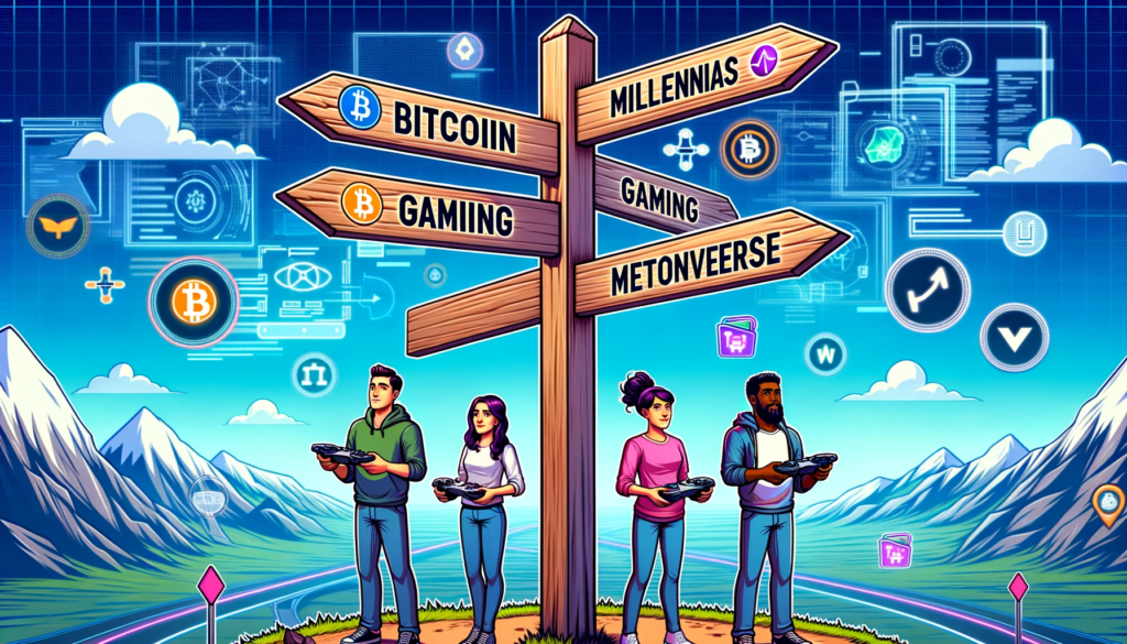 Diverse gamers engaged in cryptocurrency transactions within a high-tech gaming environment, showcasing Bitcoin and virtual reality elements.