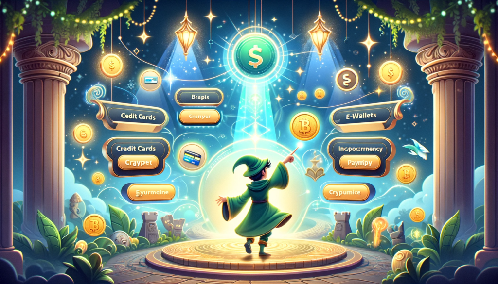 Fantasy-themed online casino lobby illustration with guide character and payment icons