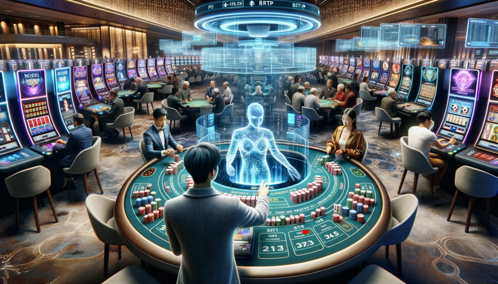 A vibrant digital collage depicting online casino gaming elements, with cards, chips, and screens showcasing high RTP games like blackjack, video poker, and baccarat, overlaid with digital interfaces and RTP statistics.
