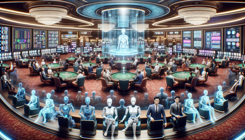 Futuristic online casino lobby with diverse avatars and AI bots.