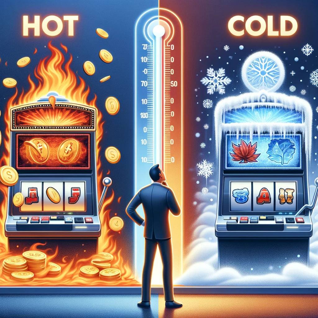 Illustration of a slot machine concept with one side 'hot' and the other 'cold