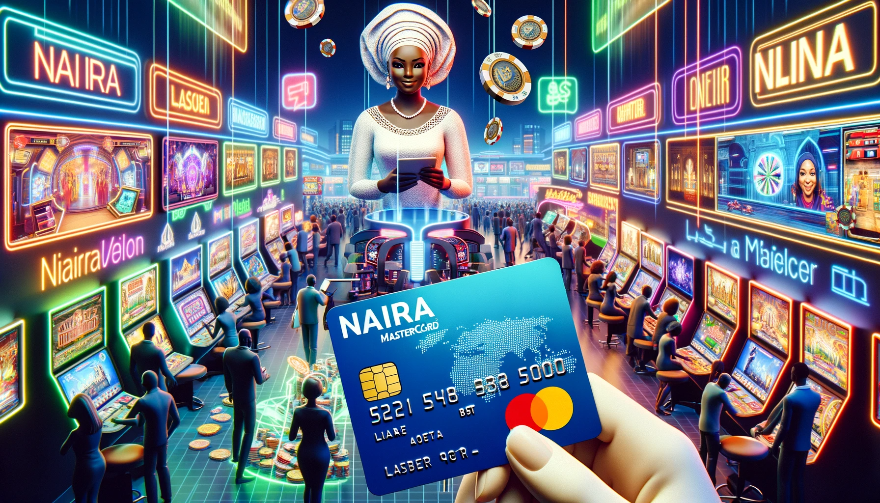 Digital marketplace in Nigeria with people using Naira Mastercard for online casino transactions.