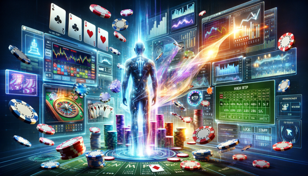 A sophisticated, futuristic casino floor with a diverse mix of players engaging in digital and traditional games, featuring holographic dealers and interactive tables displaying RTP statistics.