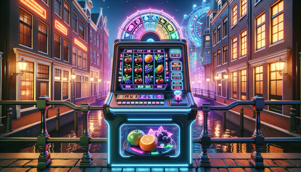 Futuristic cyberpunk pokie machine with neon fruit symbols in a Dutch setting.