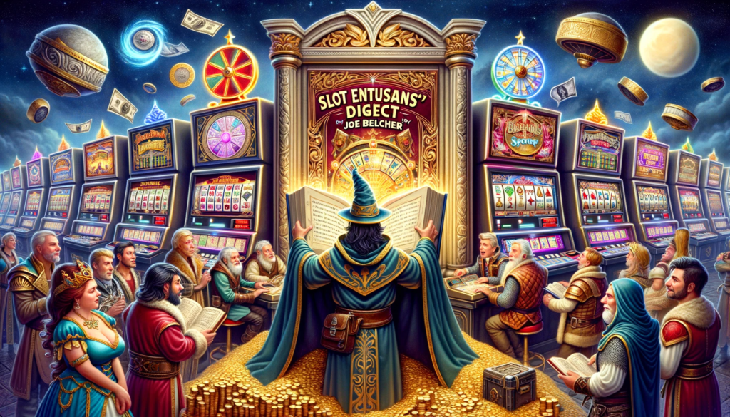 A panoramic illustration of a fantasy casino filled with slot machines resembling magical artifacts. A Caucasian male in his 50s, dressed as a wizard, reads 'Slot Enthusiasts' Digest' amidst characters in medieval costumes.