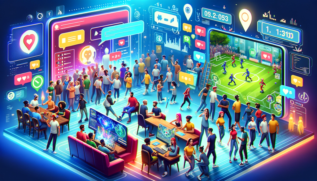 Diverse avatars engaged in social gaming with chat rooms and leaderboard in a vibrant virtual world illustration